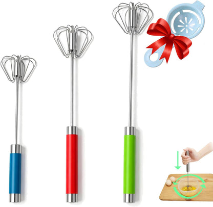 Semi-automatic Whisk, Stainless Steel Egg Beater, Hand Push Rotary Whisks Mixer Stirrer for Making Cream, Whisking, Beating and Stirring (Silver)