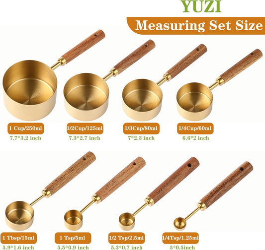 8Pcs Measuring Cups and Spoons Set - Golden Stainless Steel Measuring Cups with Wooden Handle, Metal Measuring Spoons Set Nesting Kitchen Measure Set for Kitchen/Food/Baking (8Pcs Wooden Handle)