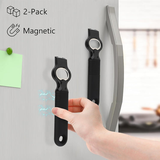 2-Pack Magnetic 2-in-1 Beer Bottle Cap & Soda Can Opener-Black | Soft Silicone Handle with Built-in Magnet Sticks to Fridges / Easy Can Tab Opener for Bartenders, Seniors, and Long nails
