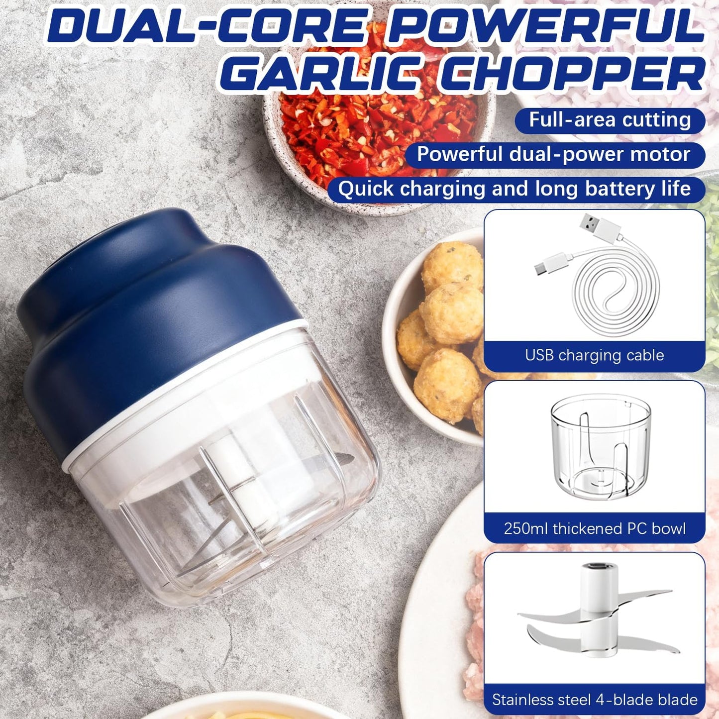 Electric Garlic Chopper,Upgrade Electric Mini Garlic Chopper Set,New Small Garlics Choppers Mincer,USB Rechargeable,Wireless Veggie Grinder,for Mashing Onion,Garlic,Chili,Ginger(Blue,250ML)