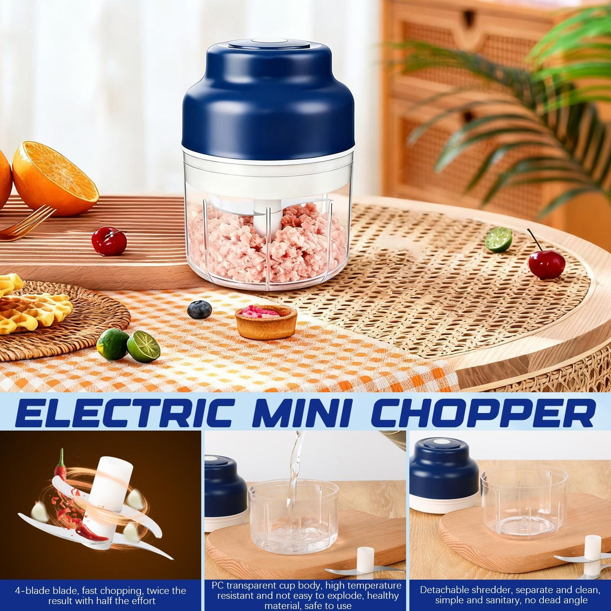 Electric Garlic Chopper,Upgrade Electric Mini Garlic Chopper Set,New Small Garlics Choppers Mincer,USB Rechargeable,Wireless Veggie Grinder,for Mashing Onion,Garlic,Chili,Ginger(Blue,250ML)