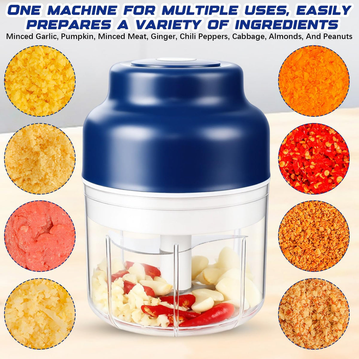 Electric Garlic Chopper,Upgrade Electric Mini Garlic Chopper Set,New Small Garlics Choppers Mincer,USB Rechargeable,Wireless Veggie Grinder,for Mashing Onion,Garlic,Chili,Ginger(Blue,250ML)