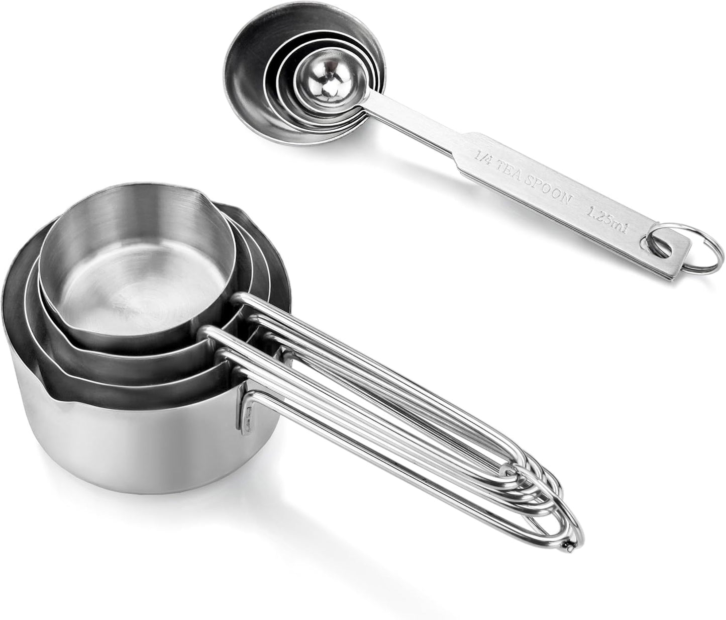 42917 Stainless Steel Measuring Cups and Spoons Set, 8-Piece Metal Measuring Set for Baking, Cooking, Dry and Liquid Ingredients, Restaurant Grade, Silver