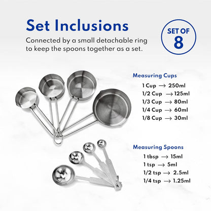 42917 Stainless Steel Measuring Cups and Spoons Set, 8-Piece Metal Measuring Set for Baking, Cooking, Dry and Liquid Ingredients, Restaurant Grade, Silver
