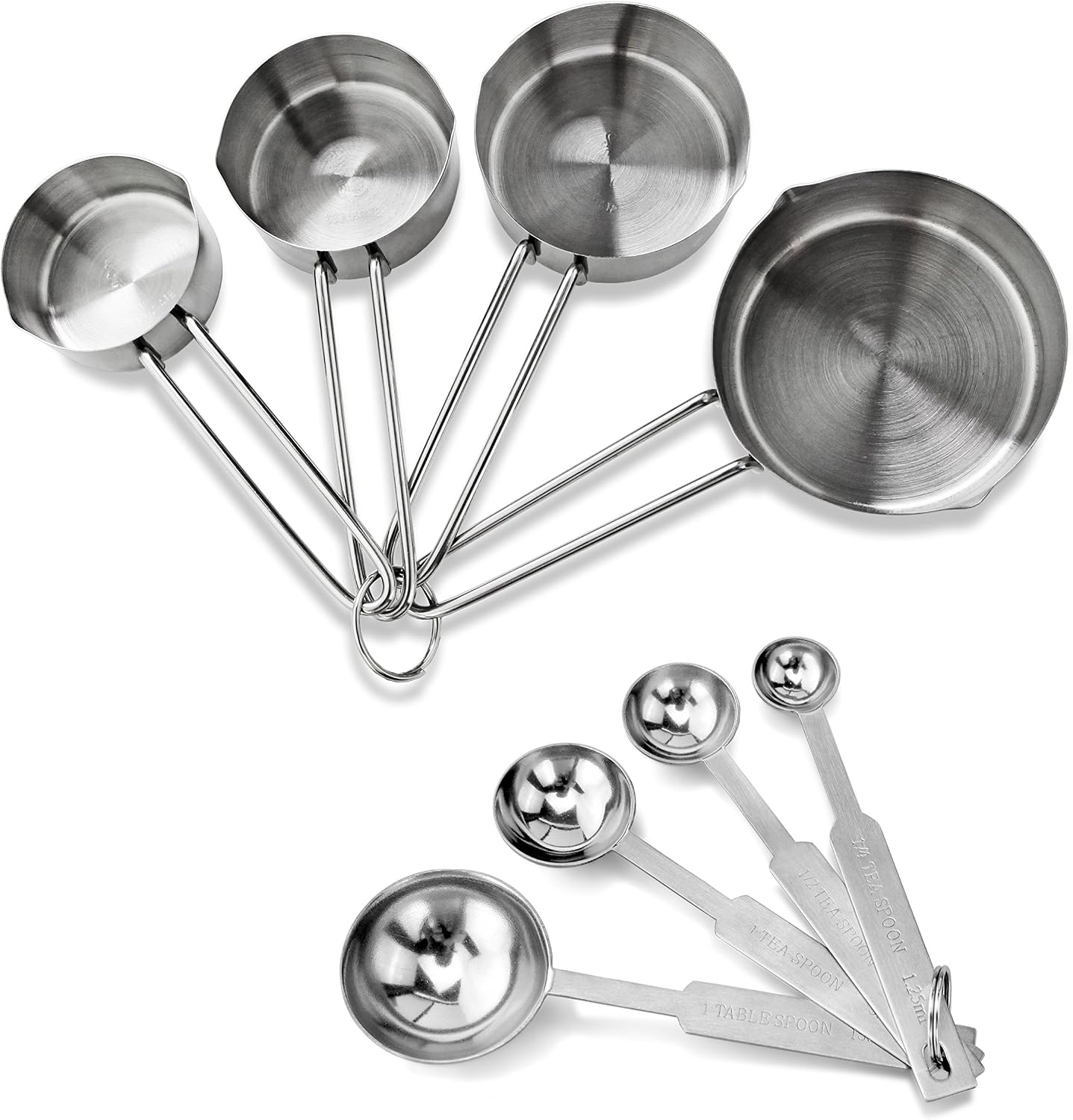 42917 Stainless Steel Measuring Cups and Spoons Set, 8-Piece Metal Measuring Set for Baking, Cooking, Dry and Liquid Ingredients, Restaurant Grade, Silver