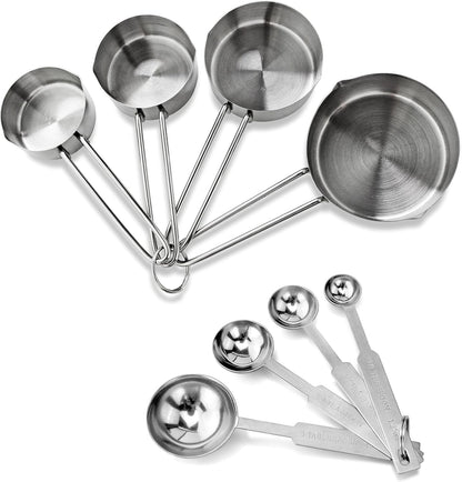 42917 Stainless Steel Measuring Cups and Spoons Set, 8-Piece Metal Measuring Set for Baking, Cooking, Dry and Liquid Ingredients, Restaurant Grade, Silver