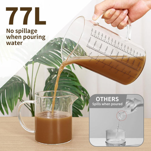 Glass Measuring Cup Set, 4-Cup/32oz (1000 ml) + 12oz (350 ml) Graduated Pitchers with Handle & Drip-Free Spout, Fine Mesh Strainer & Cleaning Brush for Liquid Measuring, Baking, Cold Brew