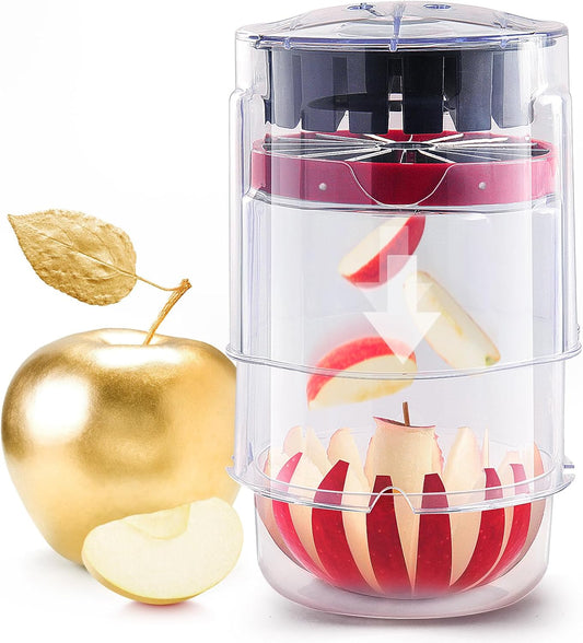 Newness 5.12-Inch Apple Slicer with Clear Bowl, 16-Slice Heavy Duty Stainless Steel Apple Cutter & Corer, Ultra-Safe Design Cuts Apples All the Way Through