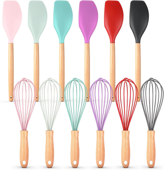 12 Pcs Small Silicone Whisks and Spatulas with Wooden Handle for Cooking 10 Inch Mini Whisk Spatula Non Stick Kitchen Baking Essentials Cookware for Valentines Day Party Favor Gift Supplies