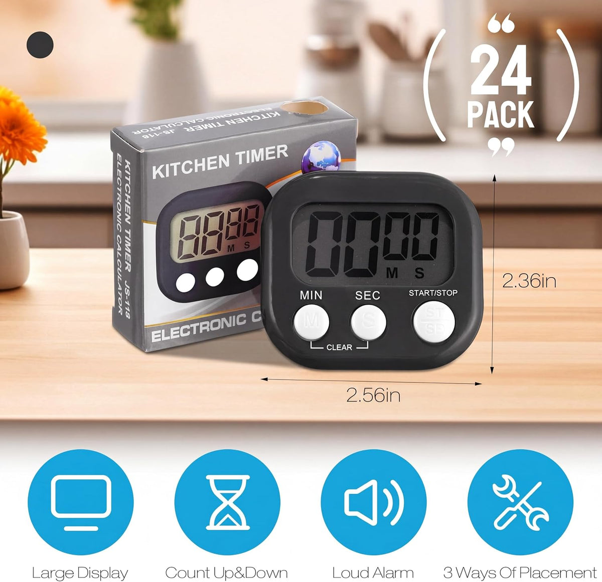 24 Pcs Digital Kitchen Timers Bulk Timer for Classroom, Black