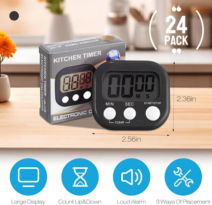 24 Pcs Digital Kitchen Timers Bulk Timer for Classroom, Black