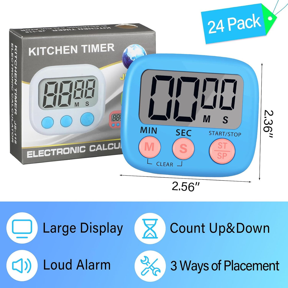 24 Pcs Digital Kitchen Timers Bulk Timer for Classroom, Black