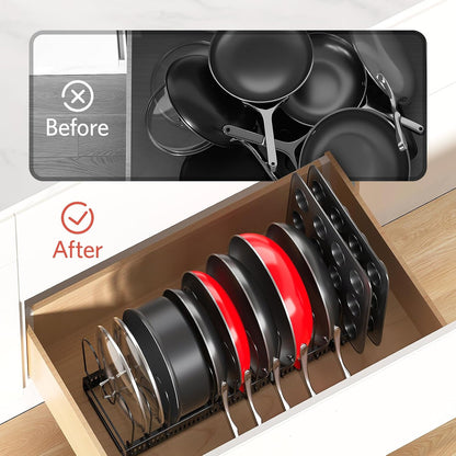 Pots and Pans Organizer under Cabinet, 11.8-22.8" 12 Dividers Black | Extends 11.8-22.8", Holds pot lids, pans, cookware and bakeware, Adjustable dividers, for under cabinet or countertop