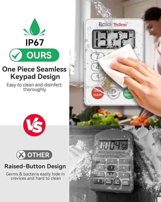 Digital Kitchen Timer Waterproof, Strong Magnetic Cooking Timer with 3 Adjustable Volume Levels & Silent Flashing Light, Countdown Timer for Cooking, Baking Shower, Classroom, White