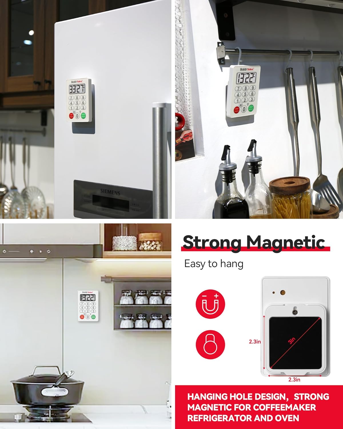 Digital Kitchen Timer Waterproof, Strong Magnetic Cooking Timer with 3 Adjustable Volume Levels & Silent Flashing Light, Countdown Timer for Cooking, Baking Shower, Classroom, White