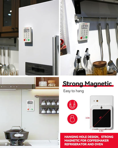 Digital Kitchen Timer Waterproof, Strong Magnetic Cooking Timer with 3 Adjustable Volume Levels & Silent Flashing Light, Countdown Timer for Cooking, Baking Shower, Classroom, White