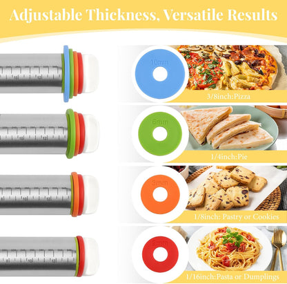 Adjustable Rolling Pin with 4 Thickness Rings for Baking, Cake Pop Roller