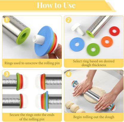 Adjustable Rolling Pin with 4 Thickness Rings for Baking, Cake Pop Roller