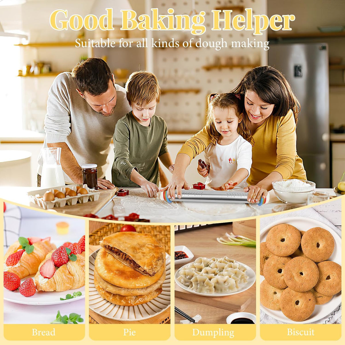 Adjustable Rolling Pin with 4 Thickness Rings for Baking, Cake Pop Roller