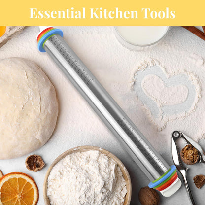Adjustable Rolling Pin with 4 Thickness Rings for Baking, Cake Pop Roller