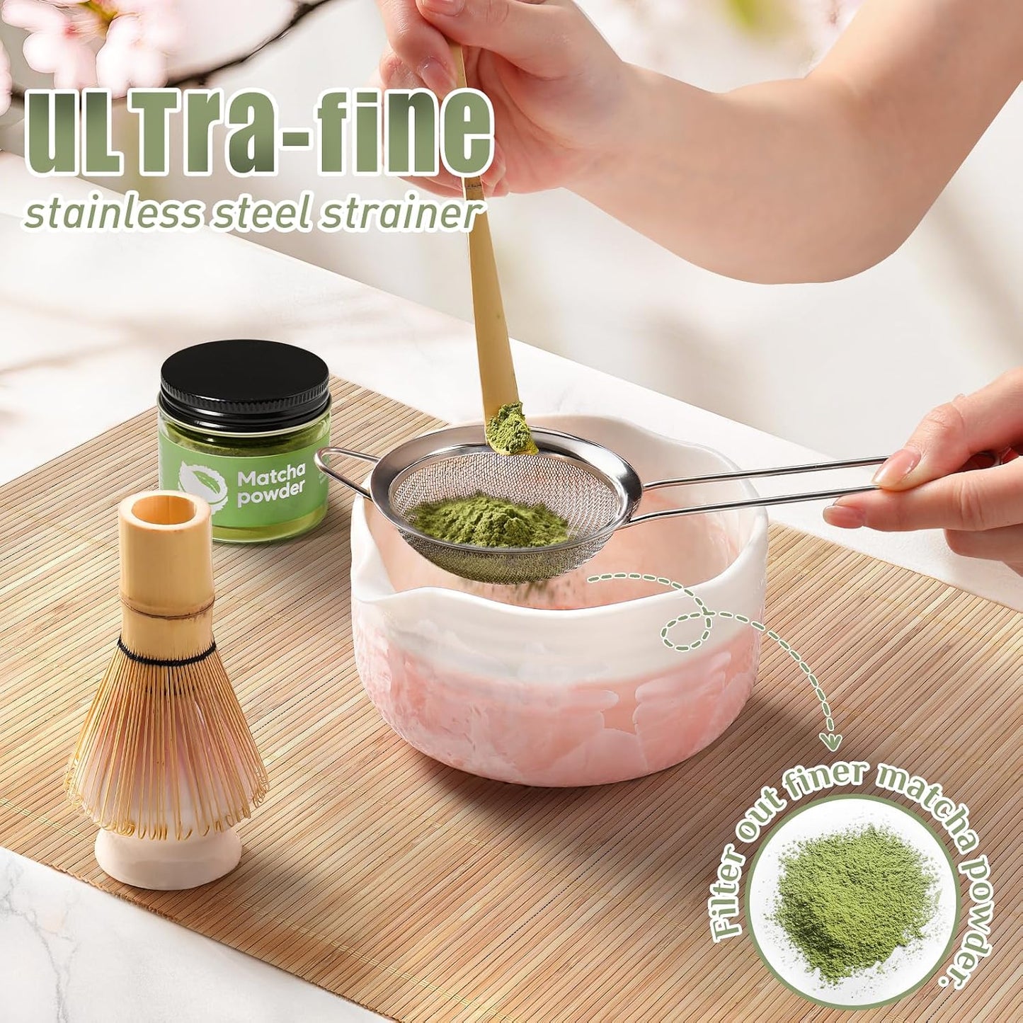 Matcha Whisk Set: Matcha Set with Bamboo Matcha Whisk and Ceramic Holder,Bamboo Scoop+Wooden Spoon,Scoop Holder,Sifter - Cute Matcha Tea Set - 6 Pcs Matcha Kit - Tools for Matchas Ceremonial Grade Kit