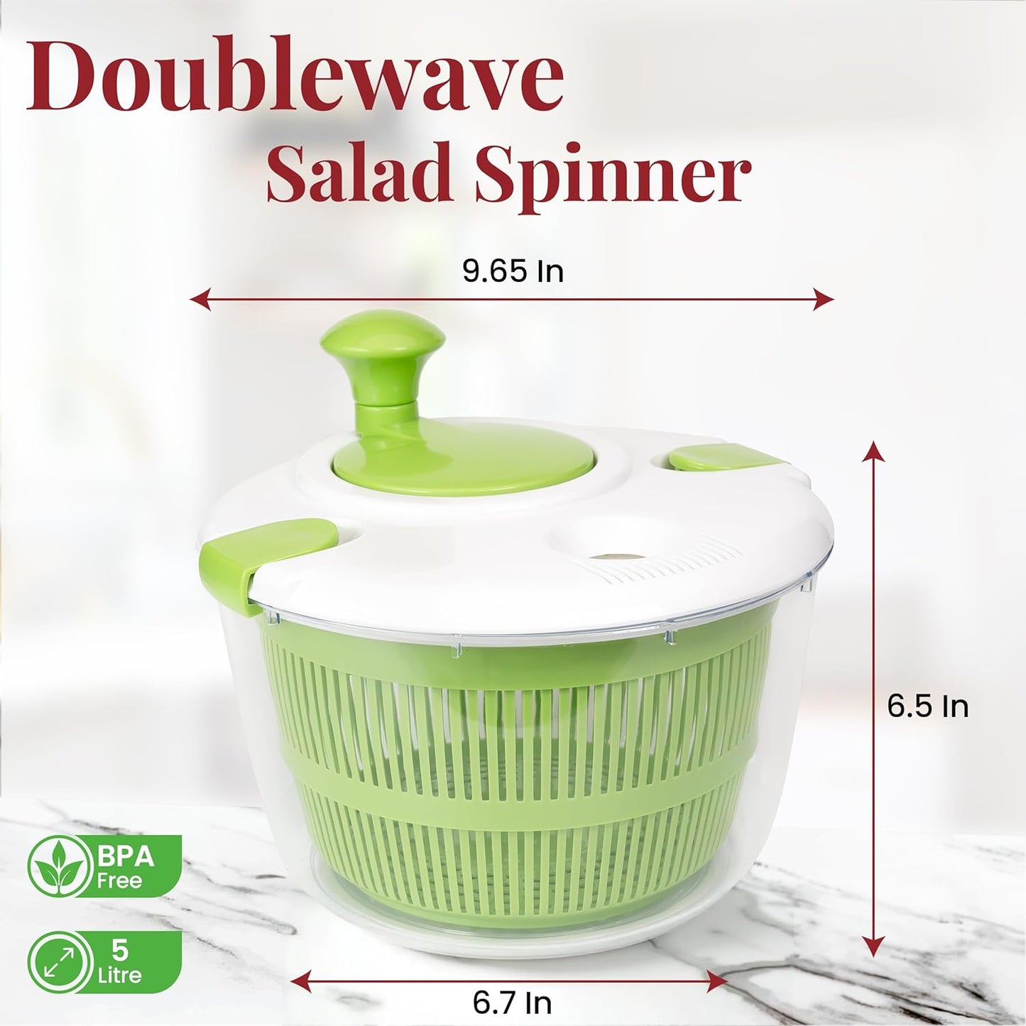 Salad Spinner | Spin & Dry Fruits, Vegetables & Greens Fast | Lettuce Washer with Dual Drain Holes | BPA-Free, Easy to Clean | 5.3 Quart Large Capacity