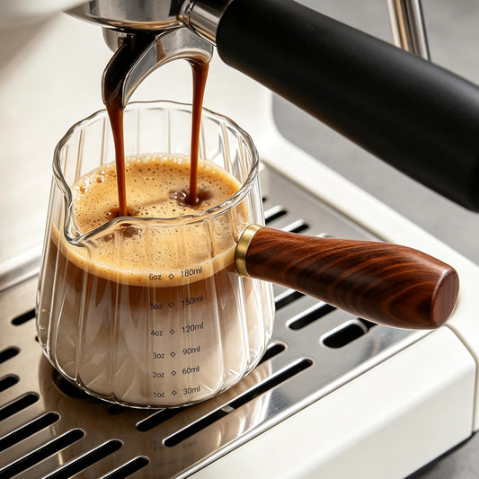 Espresso Measuring Cup, 6oz Borosilicate Glass Espresso Cups with Wood Handle (2.71in Long Grip), V-Shaped Spout Ribbed Milk Frothing Cup for Coffee, Latte, Tea, Syrup – Espresso Accessories