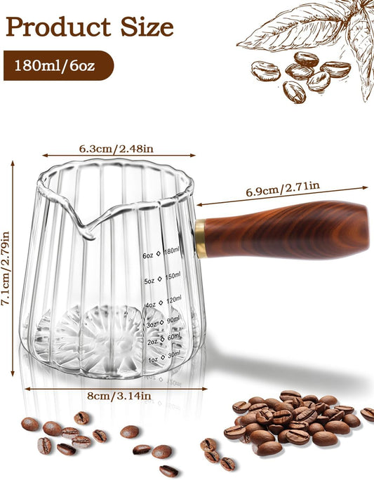 Espresso Measuring Cup, 6oz Borosilicate Glass Espresso Cups with Wood Handle (2.71in Long Grip), V-Shaped Spout Ribbed Milk Frothing Cup for Coffee, Latte, Tea, Syrup – Espresso Accessories