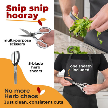 5 Blade Herb Scissors Set with Kitchen Shears - Lifetime Replace. Warranty* | Heavy Duty Sharp Kitchen Shears - Stainless Steel Vegetable Scissors for Herbs and Salad Prep - Dishwasher Safe, 2 Pack