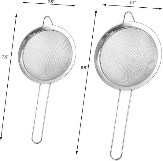 2PCS Fine Mesh Strainers Set Small Stainless Steel Sieves with Handles For Straining Cocktail Flour Powdered Sugar Tea Bar Tool