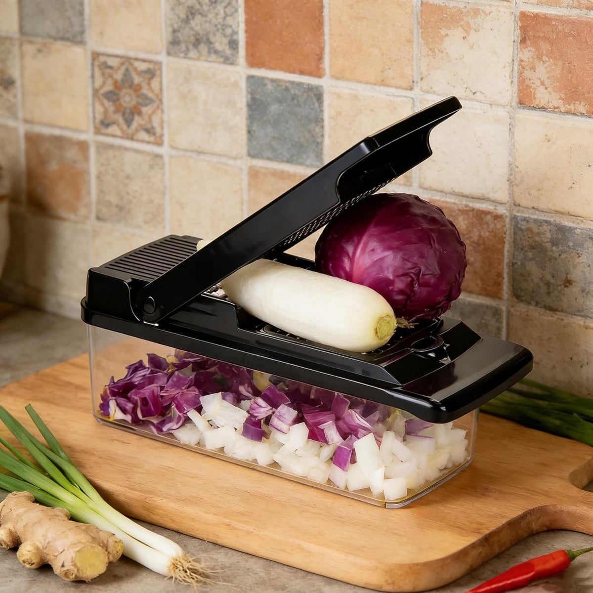 Hand‑Press Vegetable Chopper with Container – Manual Multi‑Blade Food & Onion Chopper, Premium Vegetable Cutter Manual for Kitchen Meal Prep