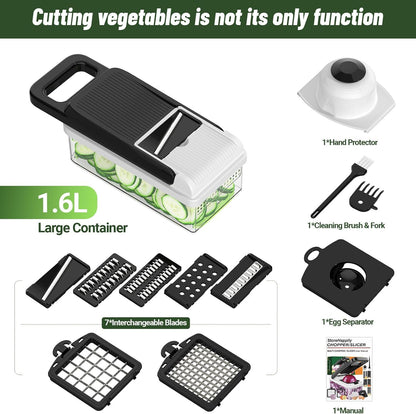 12-in-1 Vegetable Chopper 7 Blades, Veggie Cutter with Handle, Black/White | Stainless Steel Blades, Food Container and Lid, Dicer, Slicer, Julienne, Egg Separator, Non-slip Base, Include Cleaning Tools