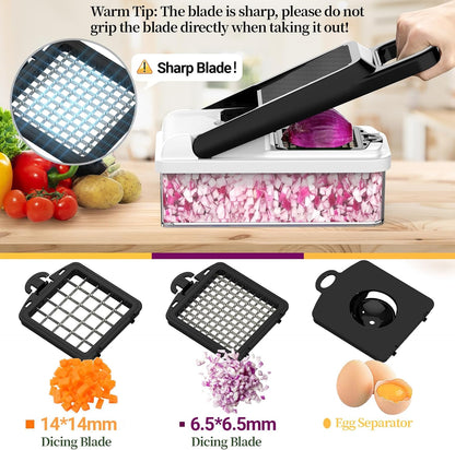 12-in-1 Vegetable Chopper 7 Blades, Veggie Cutter with Handle, Black/White | Stainless Steel Blades, Food Container and Lid, Dicer, Slicer, Julienne, Egg Separator, Non-slip Base, Include Cleaning Tools