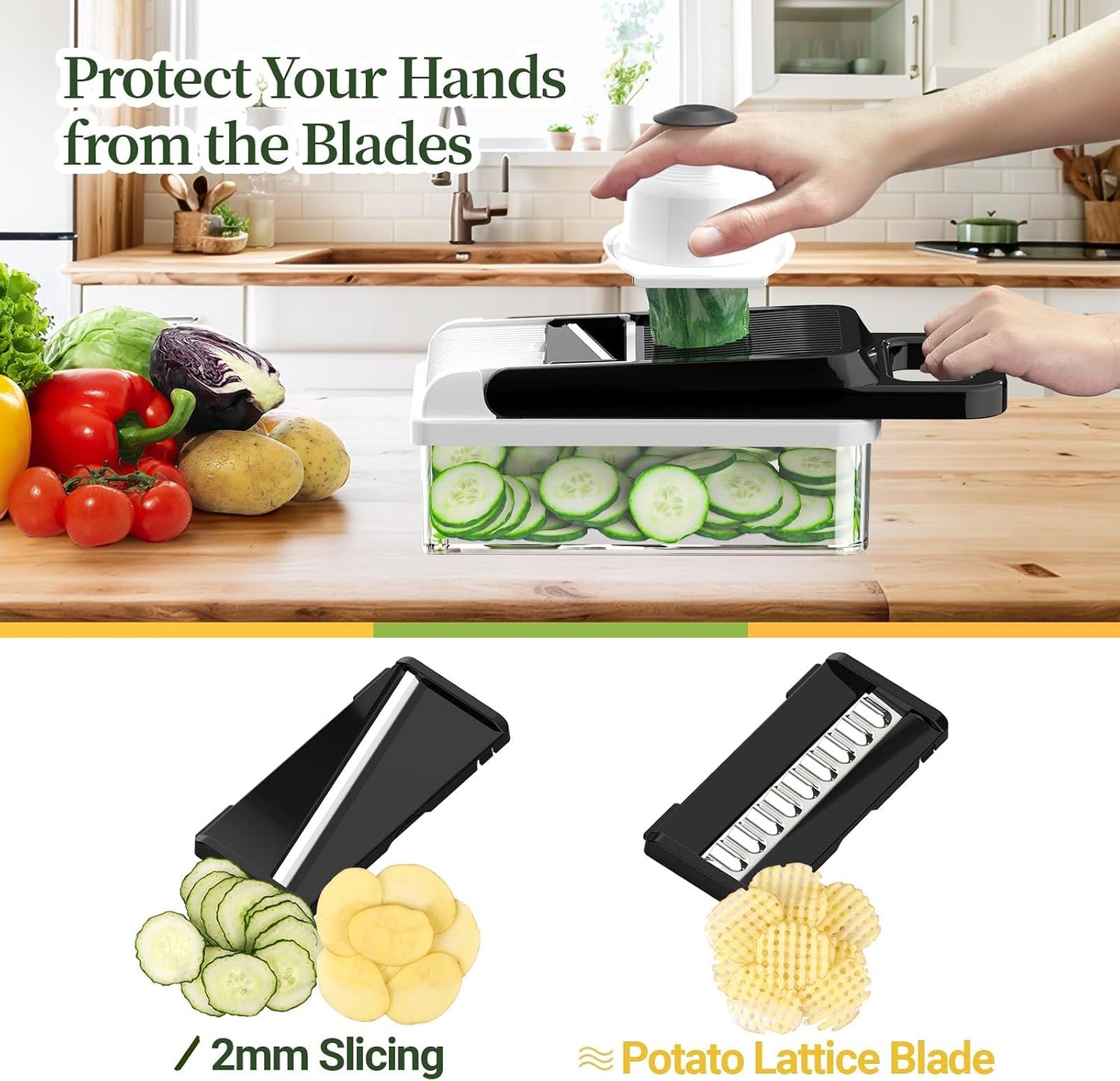 12-in-1 Vegetable Chopper 7 Blades, Veggie Cutter with Handle, Black/White | Stainless Steel Blades, Food Container and Lid, Dicer, Slicer, Julienne, Egg Separator, Non-slip Base, Include Cleaning Tools