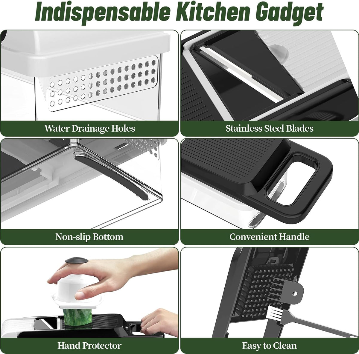 12-in-1 Vegetable Chopper 7 Blades, Veggie Cutter with Handle, Black/White | Stainless Steel Blades, Food Container and Lid, Dicer, Slicer, Julienne, Egg Separator, Non-slip Base, Include Cleaning Tools