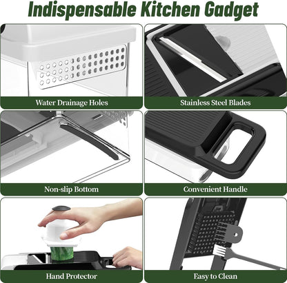 12-in-1 Vegetable Chopper 7 Blades, Veggie Cutter with Handle, Black/White | Stainless Steel Blades, Food Container and Lid, Dicer, Slicer, Julienne, Egg Separator, Non-slip Base, Include Cleaning Tools