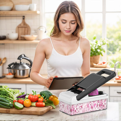 12-in-1 Vegetable Chopper 7 Blades, Veggie Cutter with Handle, Black/White | Stainless Steel Blades, Food Container and Lid, Dicer, Slicer, Julienne, Egg Separator, Non-slip Base, Include Cleaning Tools