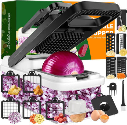 12-in-1 Vegetable Chopper 7 Blades, Veggie Cutter with Handle, Black/White | Stainless Steel Blades, Food Container and Lid, Dicer, Slicer, Julienne, Egg Separator, Non-slip Base, Include Cleaning Tools