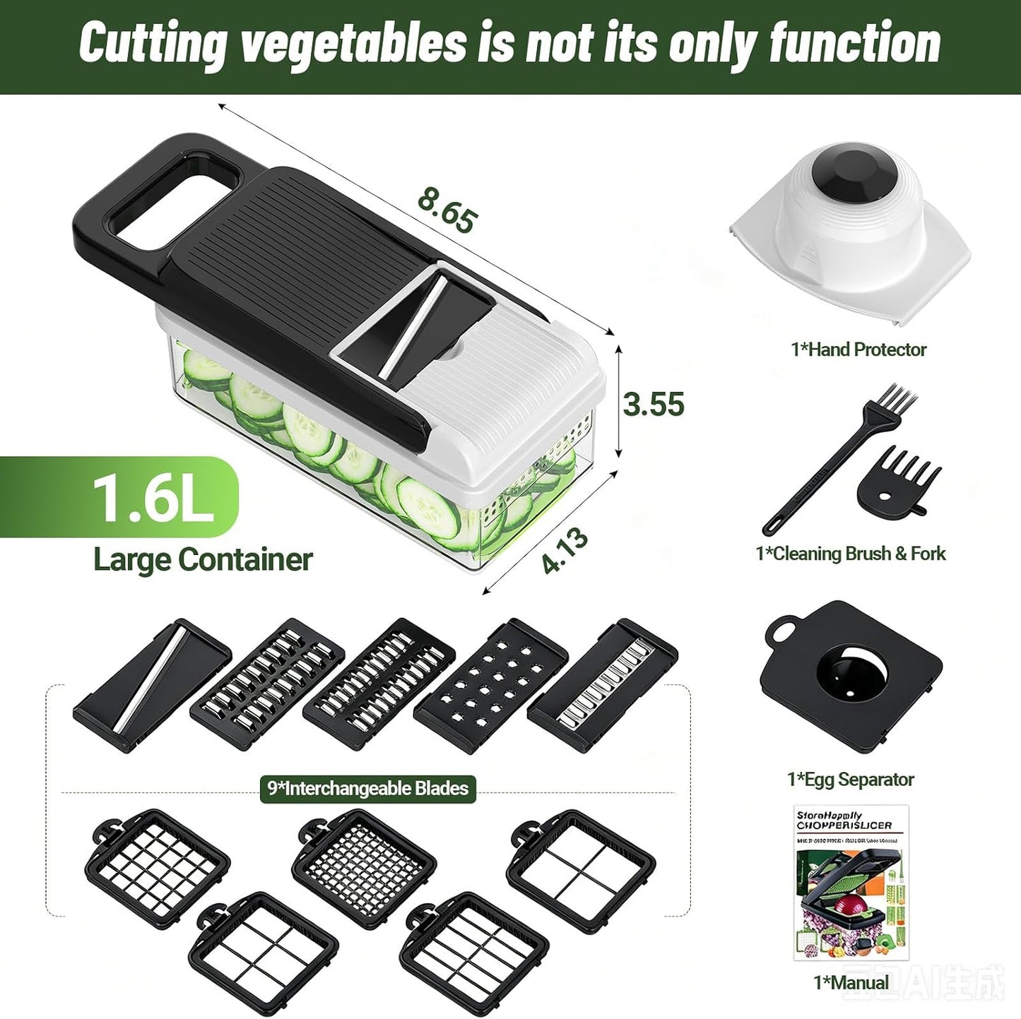 12-in-1 Vegetable Chopper 7 Blades, Veggie Cutter with Handle, Black/White | Stainless Steel Blades, Food Container and Lid, Dicer, Slicer, Julienne, Egg Separator, Non-slip Base, Include Cleaning Tools