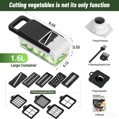 12-in-1 Vegetable Chopper 7 Blades, Veggie Cutter with Handle, Black/White | Stainless Steel Blades, Food Container and Lid, Dicer, Slicer, Julienne, Egg Separator, Non-slip Base, Include Cleaning Tools