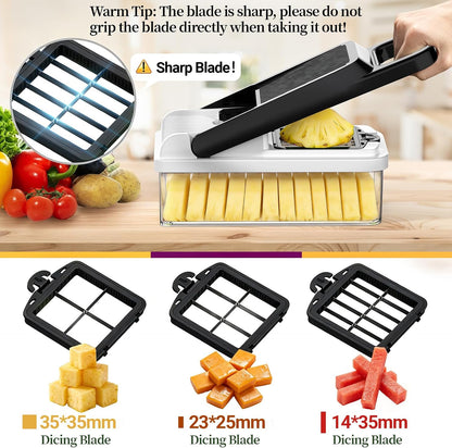 12-in-1 Vegetable Chopper 7 Blades, Veggie Cutter with Handle, Black/White | Stainless Steel Blades, Food Container and Lid, Dicer, Slicer, Julienne, Egg Separator, Non-slip Base, Include Cleaning Tools