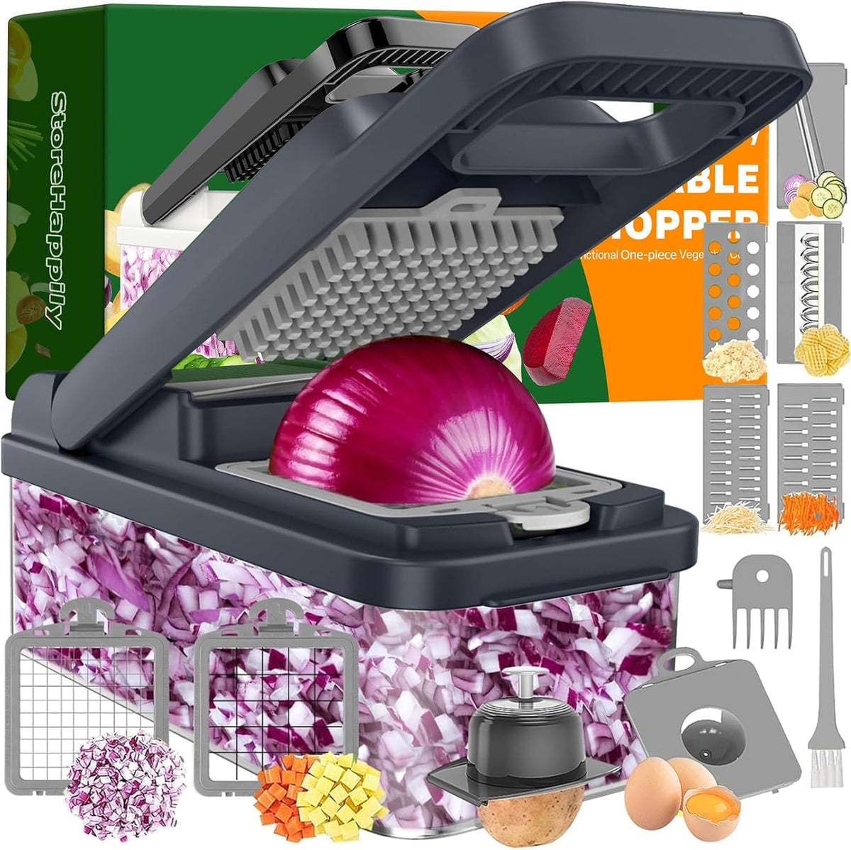 12-in-1 Vegetable Chopper 7 Blades, Veggie Cutter with Handle, Black/White | Stainless Steel Blades, Food Container and Lid, Dicer, Slicer, Julienne, Egg Separator, Non-slip Base, Include Cleaning Tools
