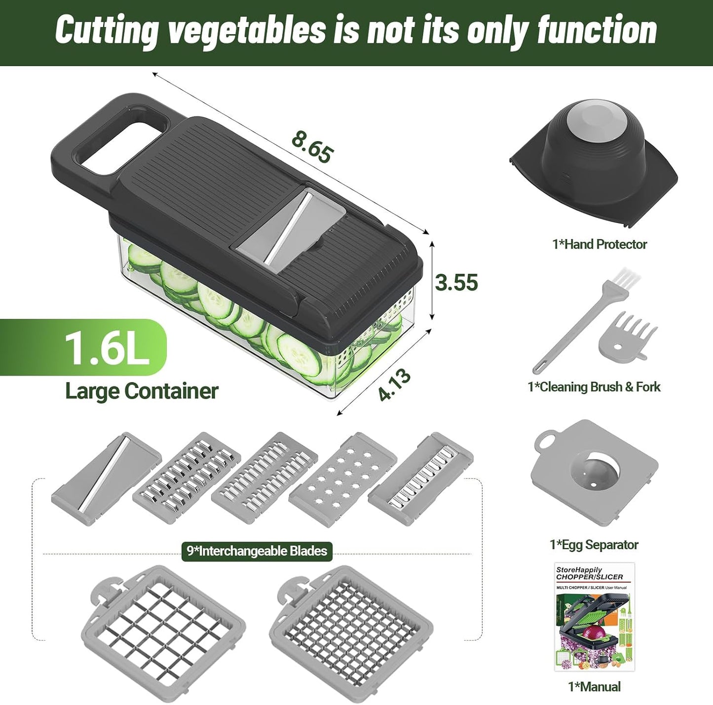 12-in-1 Vegetable Chopper 7 Blades, Veggie Cutter with Handle, Black/White | Stainless Steel Blades, Food Container and Lid, Dicer, Slicer, Julienne, Egg Separator, Non-slip Base, Include Cleaning Tools