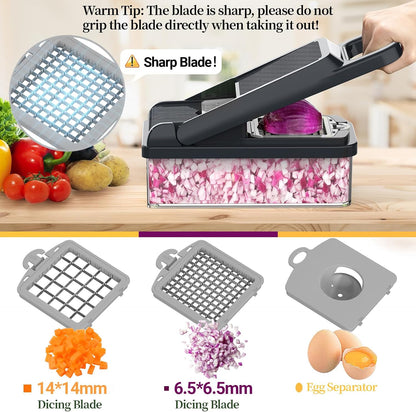 12-in-1 Vegetable Chopper 7 Blades, Veggie Cutter with Handle, Black/White | Stainless Steel Blades, Food Container and Lid, Dicer, Slicer, Julienne, Egg Separator, Non-slip Base, Include Cleaning Tools