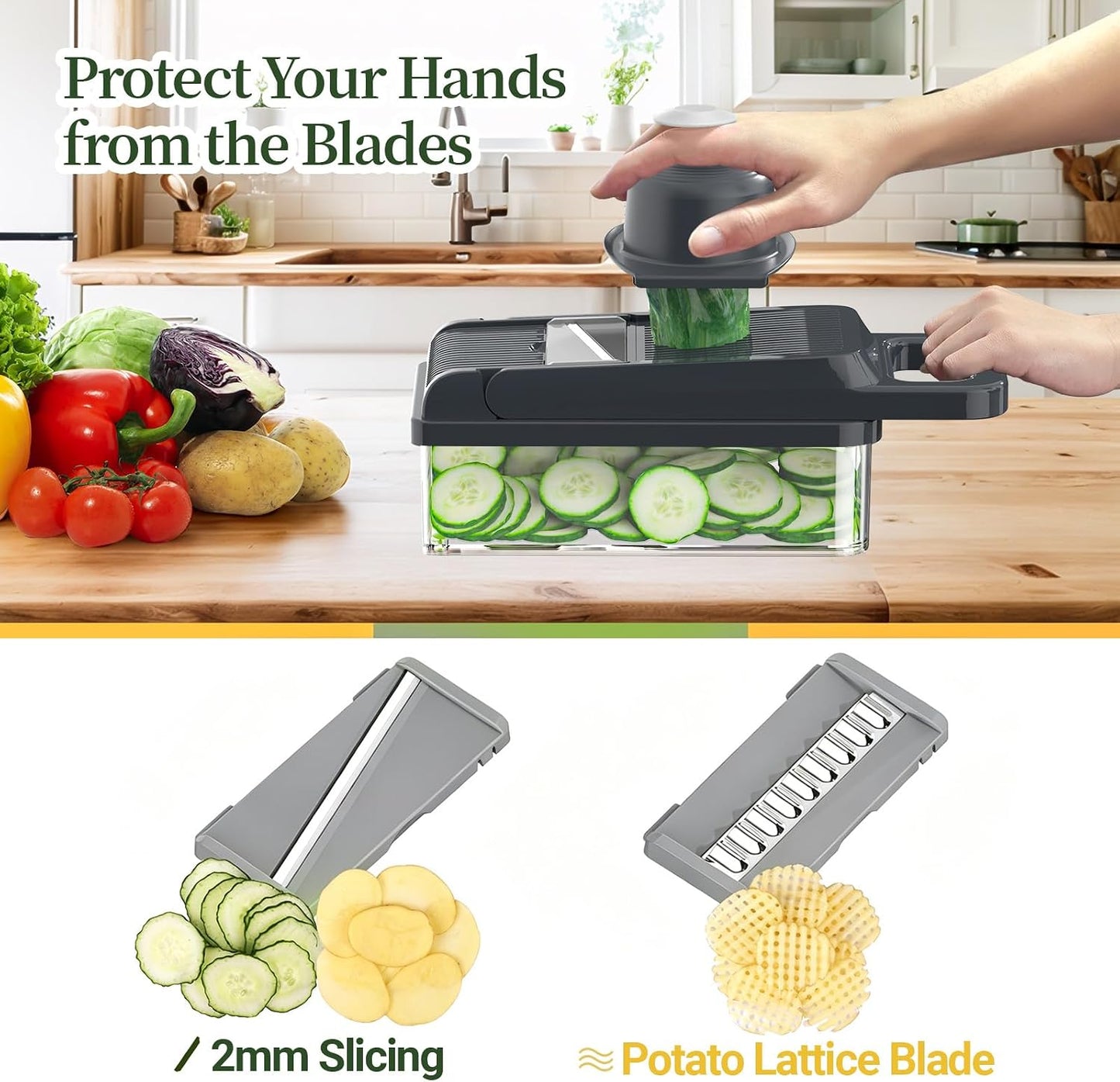 12-in-1 Vegetable Chopper 7 Blades, Veggie Cutter with Handle, Black/White | Stainless Steel Blades, Food Container and Lid, Dicer, Slicer, Julienne, Egg Separator, Non-slip Base, Include Cleaning Tools