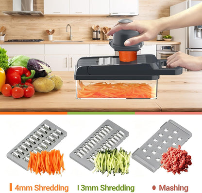 12-in-1 Vegetable Chopper 7 Blades, Veggie Cutter with Handle, Black/White | Stainless Steel Blades, Food Container and Lid, Dicer, Slicer, Julienne, Egg Separator, Non-slip Base, Include Cleaning Tools