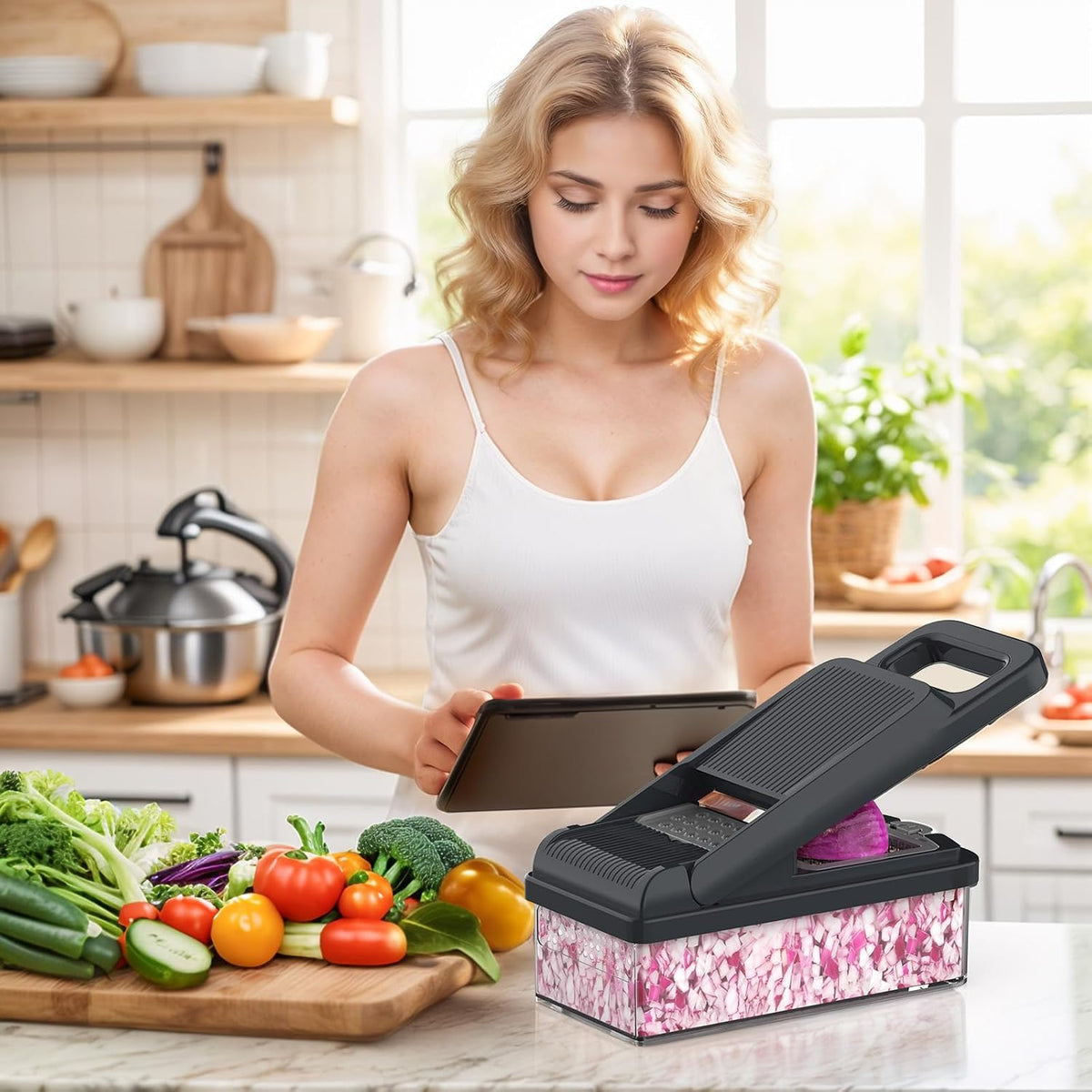 12-in-1 Vegetable Chopper 7 Blades, Veggie Cutter with Handle, Black/White | Stainless Steel Blades, Food Container and Lid, Dicer, Slicer, Julienne, Egg Separator, Non-slip Base, Include Cleaning Tools