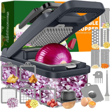 12-in-1 Vegetable Chopper 7 Blades, Veggie Cutter with Handle, Black/White | Stainless Steel Blades, Food Container and Lid, Dicer, Slicer, Julienne, Egg Separator, Non-slip Base, Include Cleaning Tools