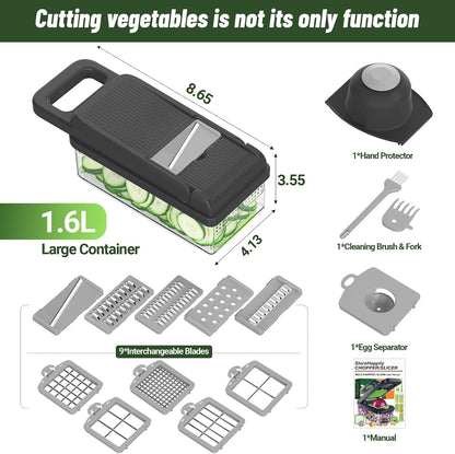 12-in-1 Vegetable Chopper 7 Blades, Veggie Cutter with Handle, Black/White | Stainless Steel Blades, Food Container and Lid, Dicer, Slicer, Julienne, Egg Separator, Non-slip Base, Include Cleaning Tools