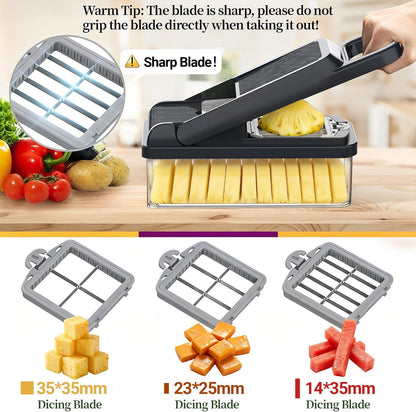 12-in-1 Vegetable Chopper 7 Blades, Veggie Cutter with Handle, Black/White | Stainless Steel Blades, Food Container and Lid, Dicer, Slicer, Julienne, Egg Separator, Non-slip Base, Include Cleaning Tools